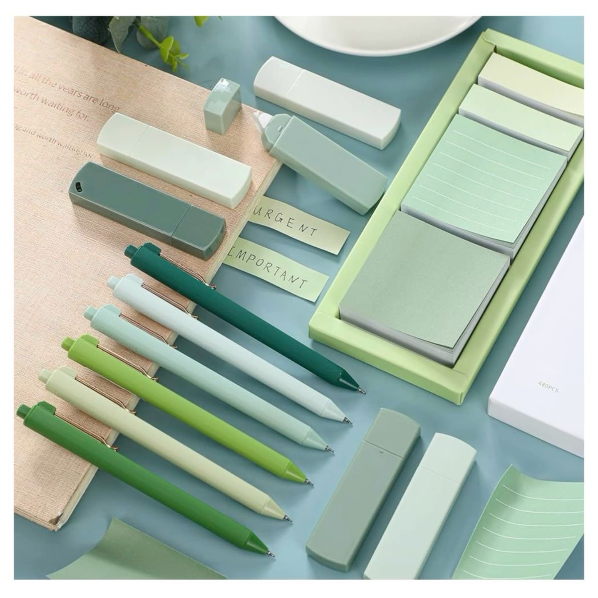 Green pen and sticky-note desk kit